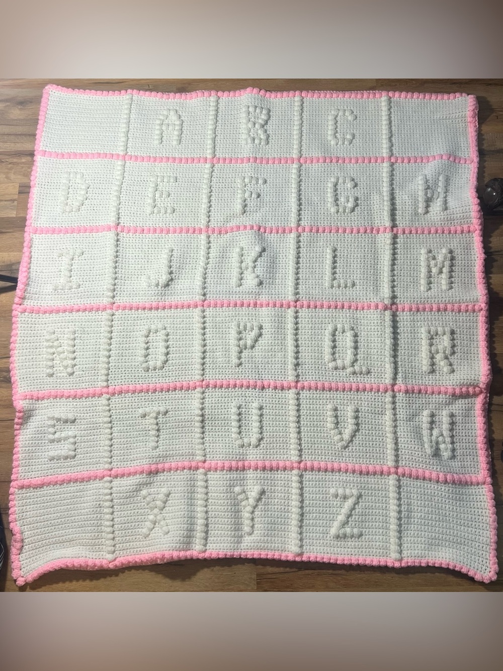 Handmade Alphabet Crochet Baby Blanket in White and Pink
